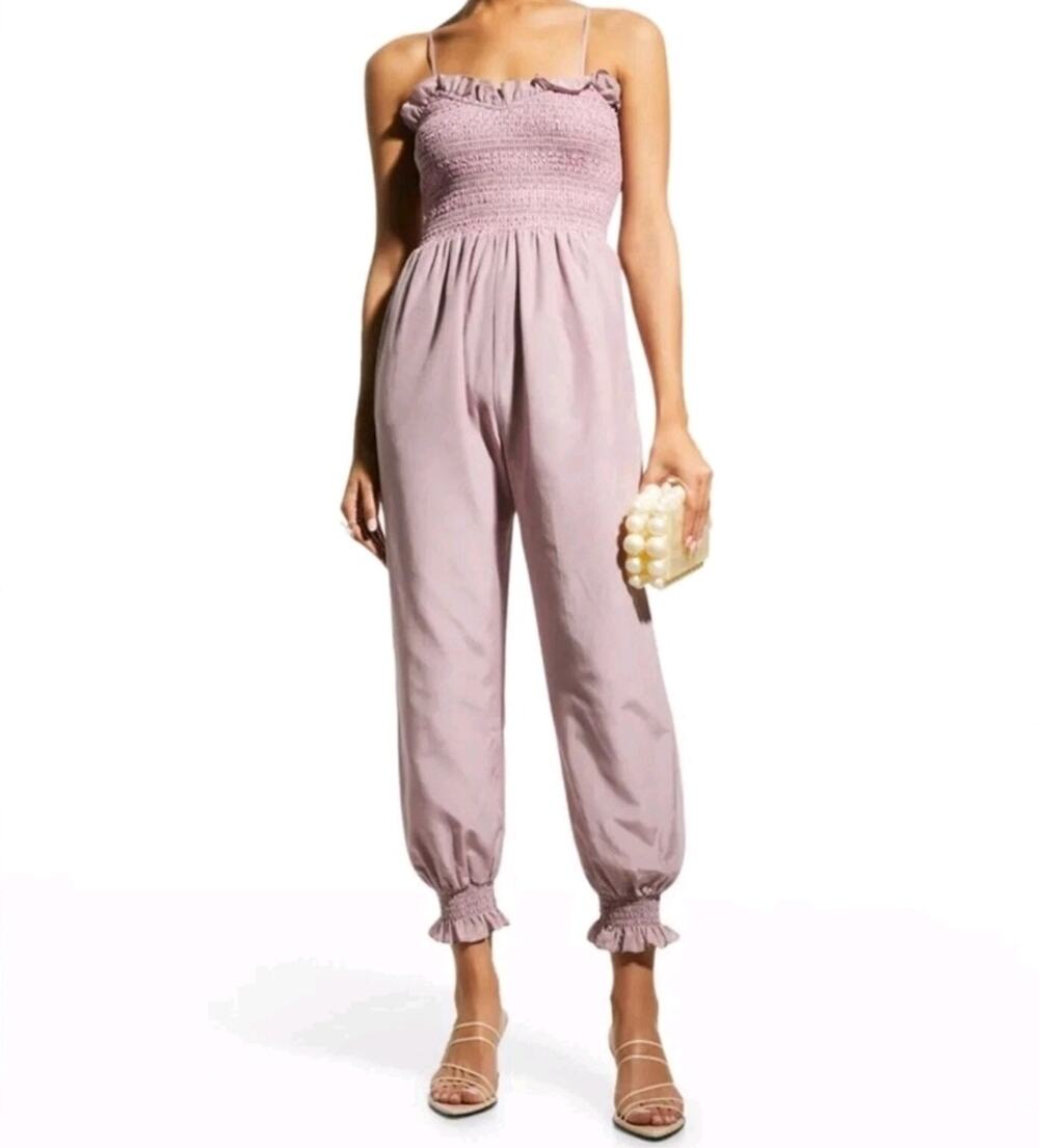 Hunter Bell Simone Smocked Spaghetti Strap Jumpsuit sz S Lavender Silk Blend New